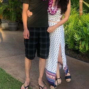 White and blue print two piece